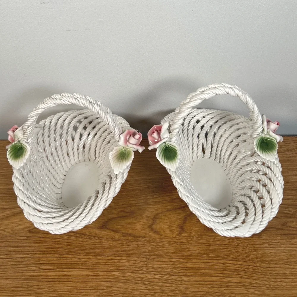 Ceramiche Lanzarin Italy Woven Ceramic Basket Pink Roses Hand Made Set of 2